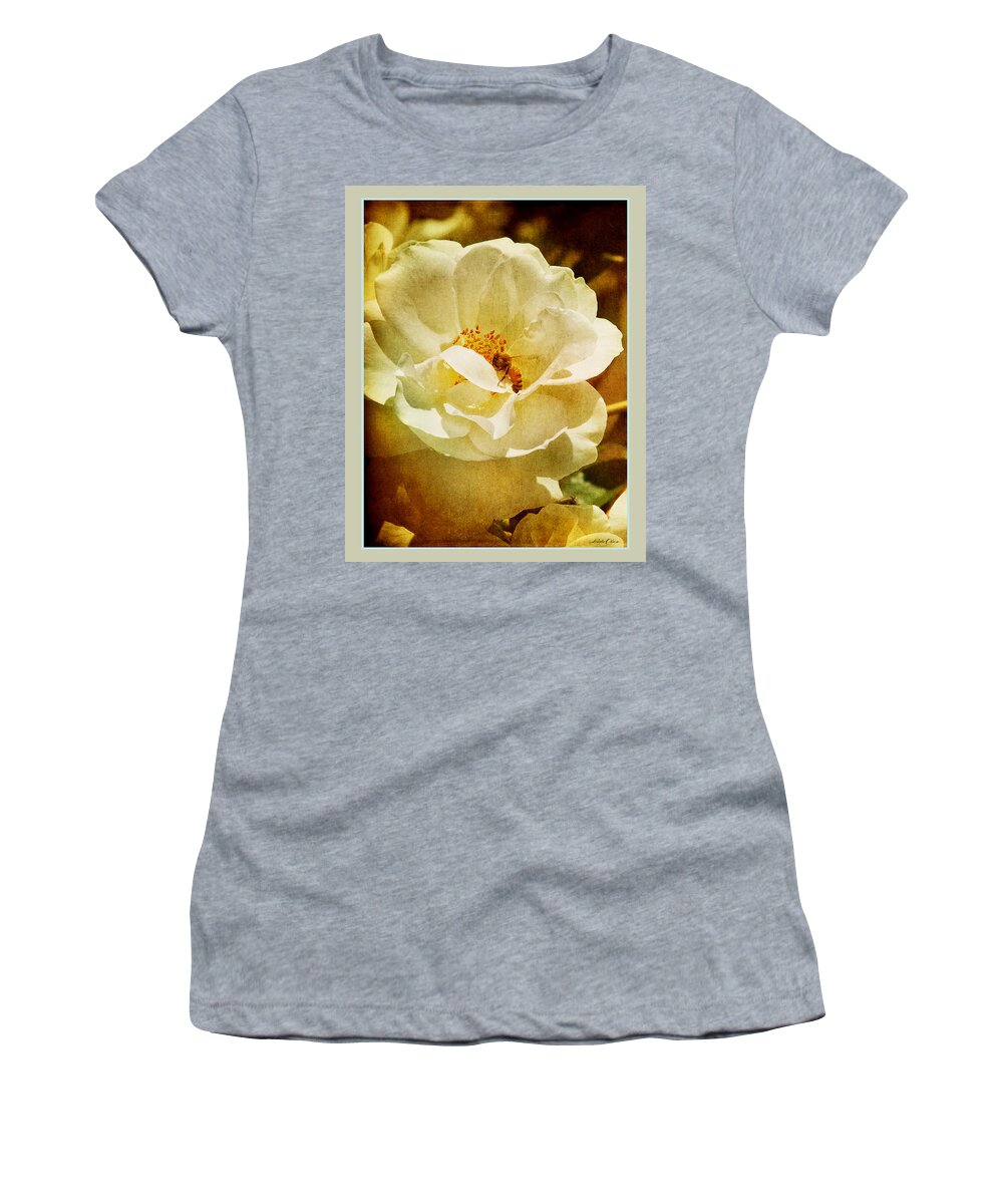 Garden Women's T-Shirt featuring the photograph A Bee and Rose by Linda Olsen