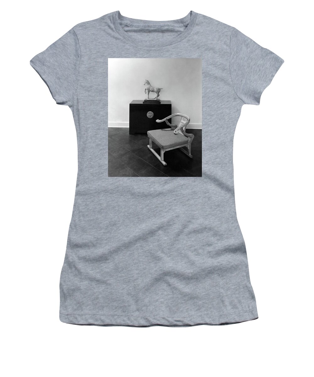 Home Women's T-Shirt featuring the photograph A Chair, Bedside Cabinet And Sculpture Of A Horse by Haanel Cassidy