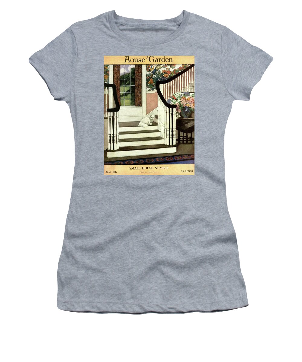 Animal Women's T-Shirt featuring the photograph A House And Garden Cover Of A Cat On A Staircase by Ethel Franklin Betts Baines