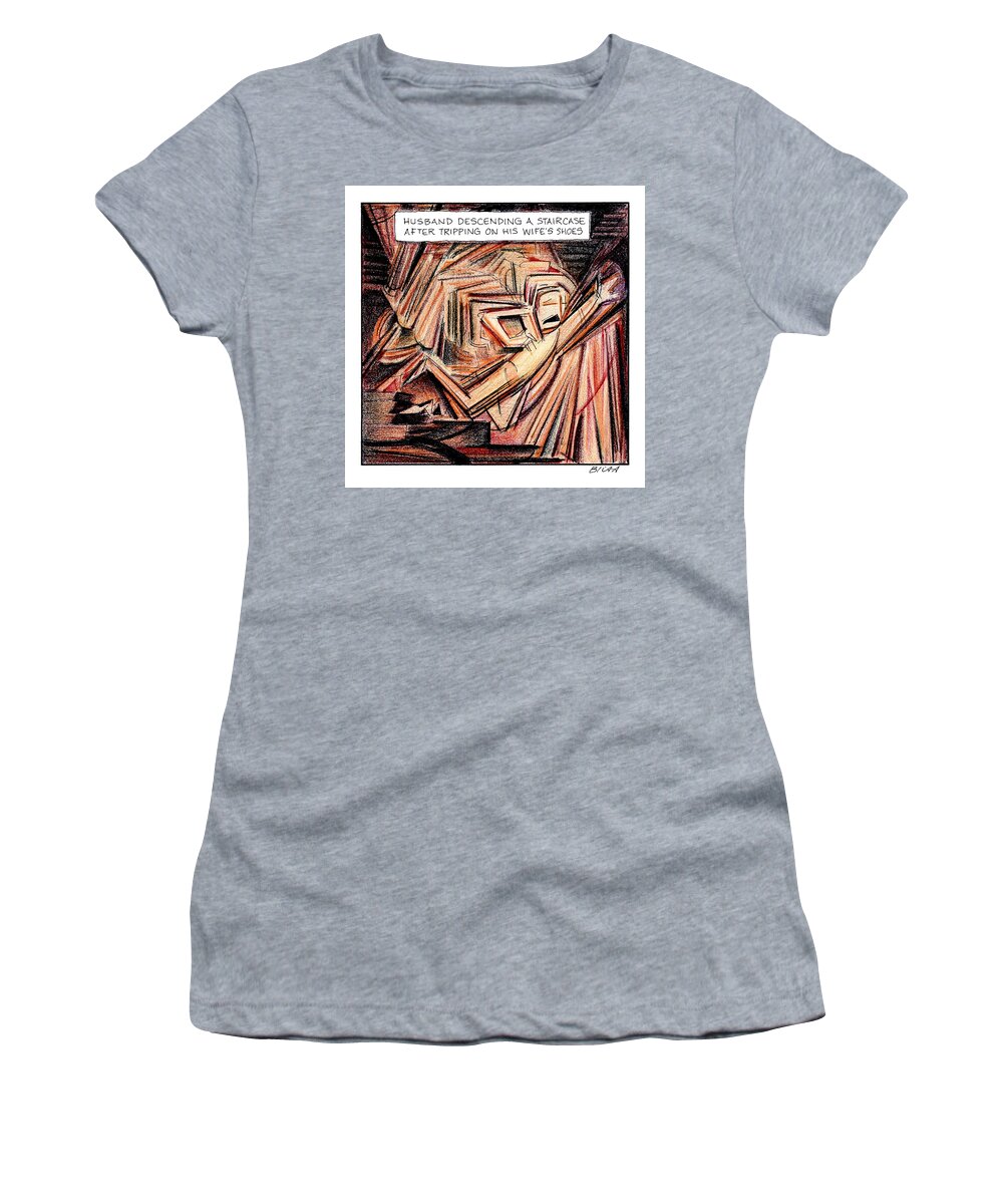 Husband Descending A Staircase After Tripping On His Wife's Shoes Women's T-Shirt featuring the drawing A Husband Trips Down Some Stairs In A Parody by Harry Bliss
