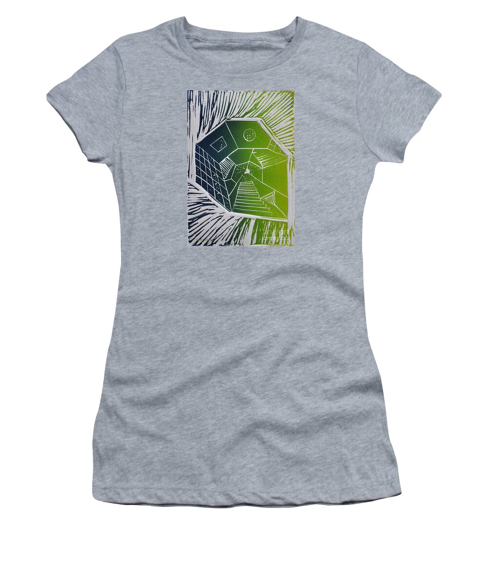 Linocut Women's T-Shirt featuring the mixed media A New Dimension blue and green linocut by Verana Stark