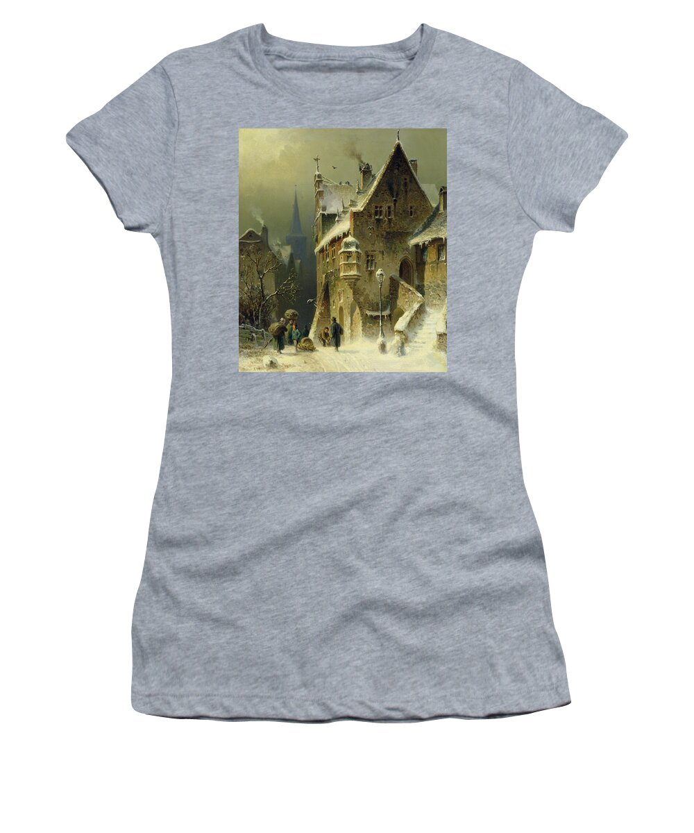 Schlieker Women's T-Shirt featuring the painting A Small Town in the Rhine by August Schlieker