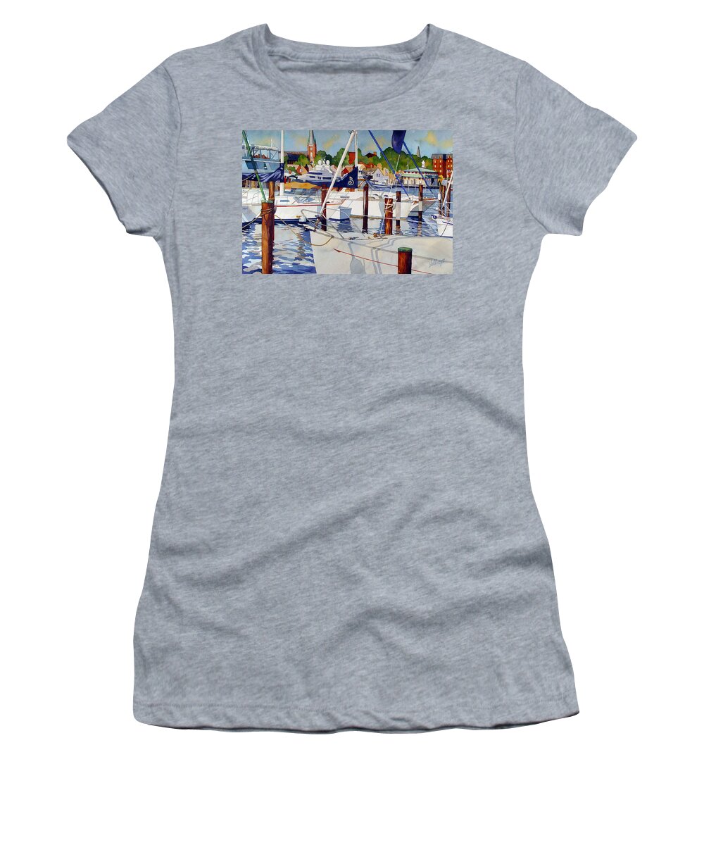 Boats Women's T-Shirt featuring the painting A view from the pier by Mick Williams