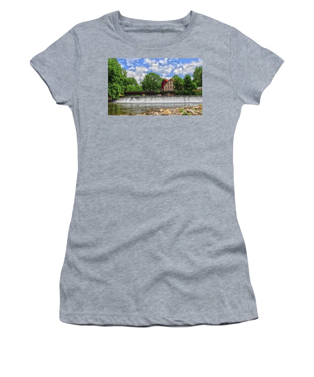 Prallsville Mill Women's T-Shirt featuring the photograph A view of the Mill from the River by Debra Fedchin