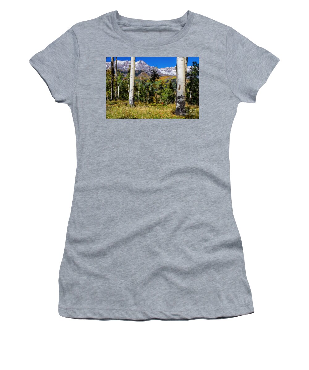 Autumn Colors Women's T-Shirt featuring the photograph A Vision of Telluride by Jim Garrison