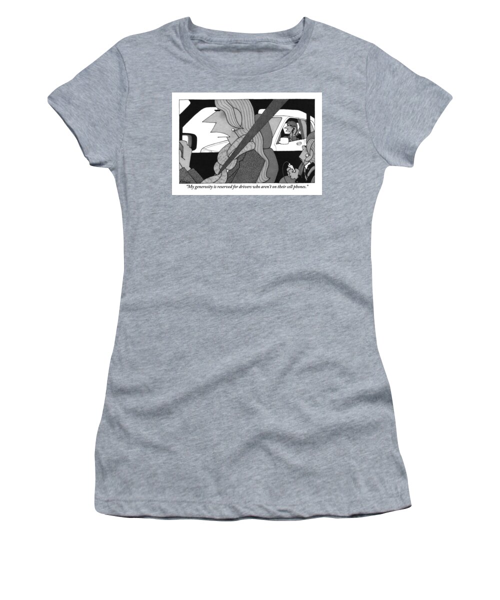 Tel-cellular Women's T-Shirt featuring the drawing A Woman Driving A Car Speaks. Her Kid Is Sitting by William Haefeli