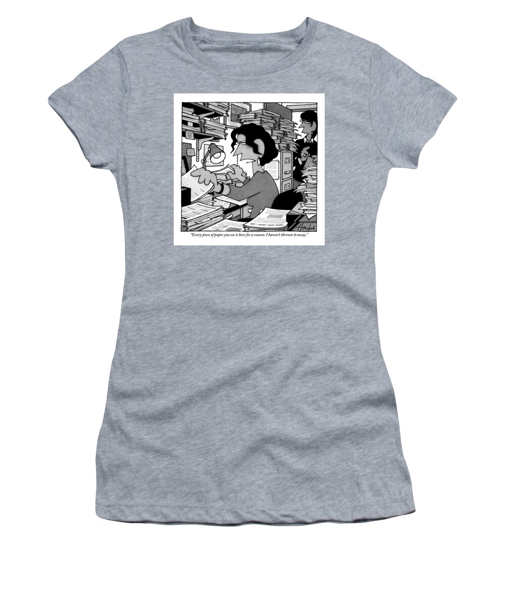 Paper Women's T-Shirt featuring the drawing A Woman Sitting At A Disorganized Desk Covered by William Haefeli