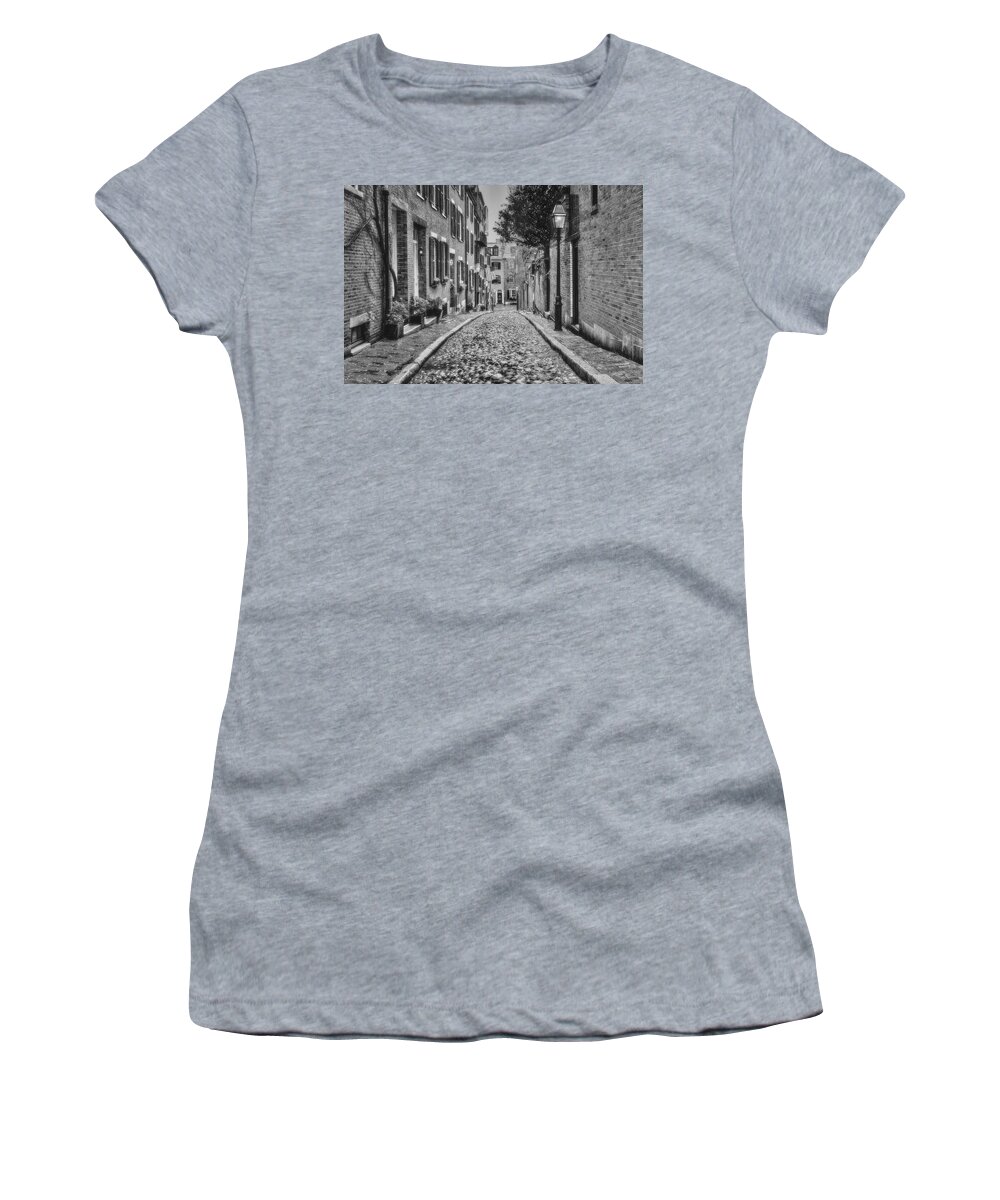 Acorn Street Women's T-Shirt featuring the photograph Acorn Street Boston BW by Susan Candelario
