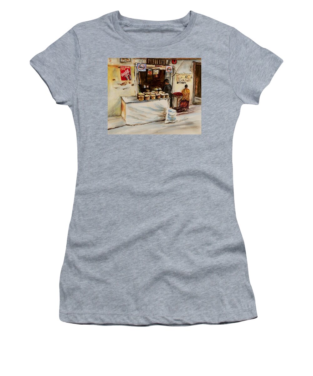 Duka Women's T-Shirt featuring the painting African corner store by Sher Nasser