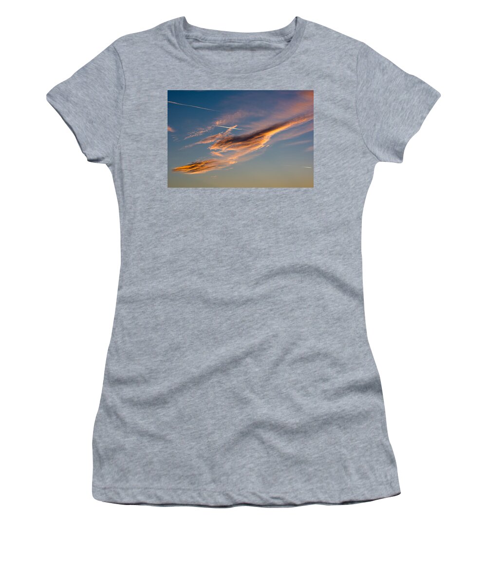 Airplane Women's T-Shirt featuring the photograph Airplane And Sunset Clouds by Andreas Berthold