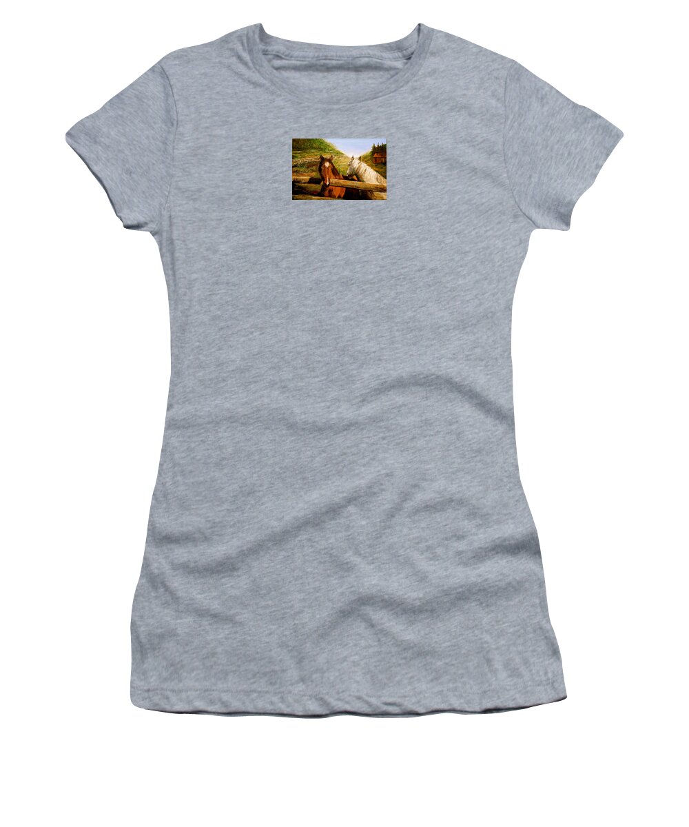 Horses Women's T-Shirt featuring the painting Alberta Horse Farm by Sher Nasser