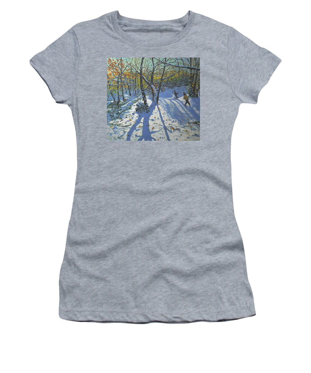 Andrew Macara Women's T-Shirt featuring the painting Allestree Park Woods November by Andrew Macara