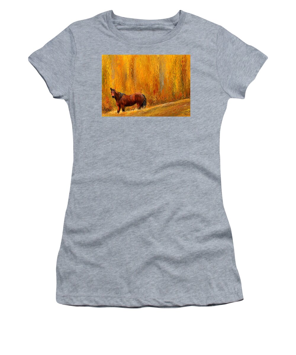 Bay Horse Paintings Women's T-Shirt featuring the painting Alone In Grandeur- Bay Horse Paintings by Lourry Legarde