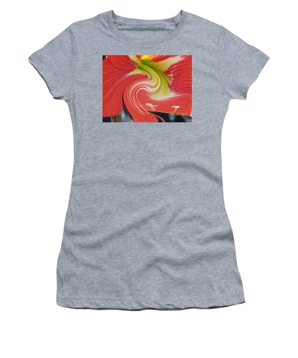 Blooming Red And Yellow Amarylis With A Twirl Effect Women's T-Shirt featuring the photograph Amarylis Twirl by Belinda Lee