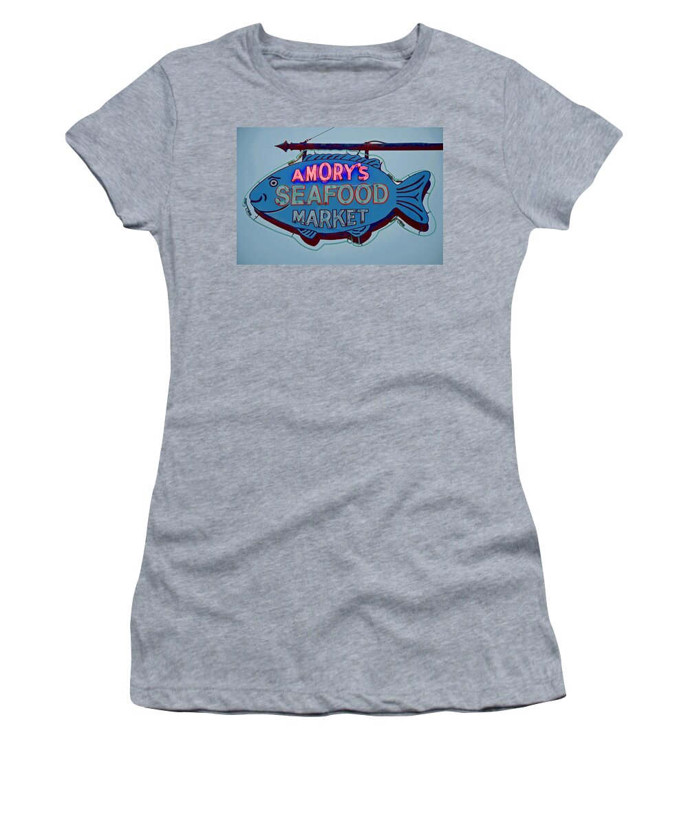 Amory Women's T-Shirt featuring the photograph Amory Seafood Sign by Jerry Gammon