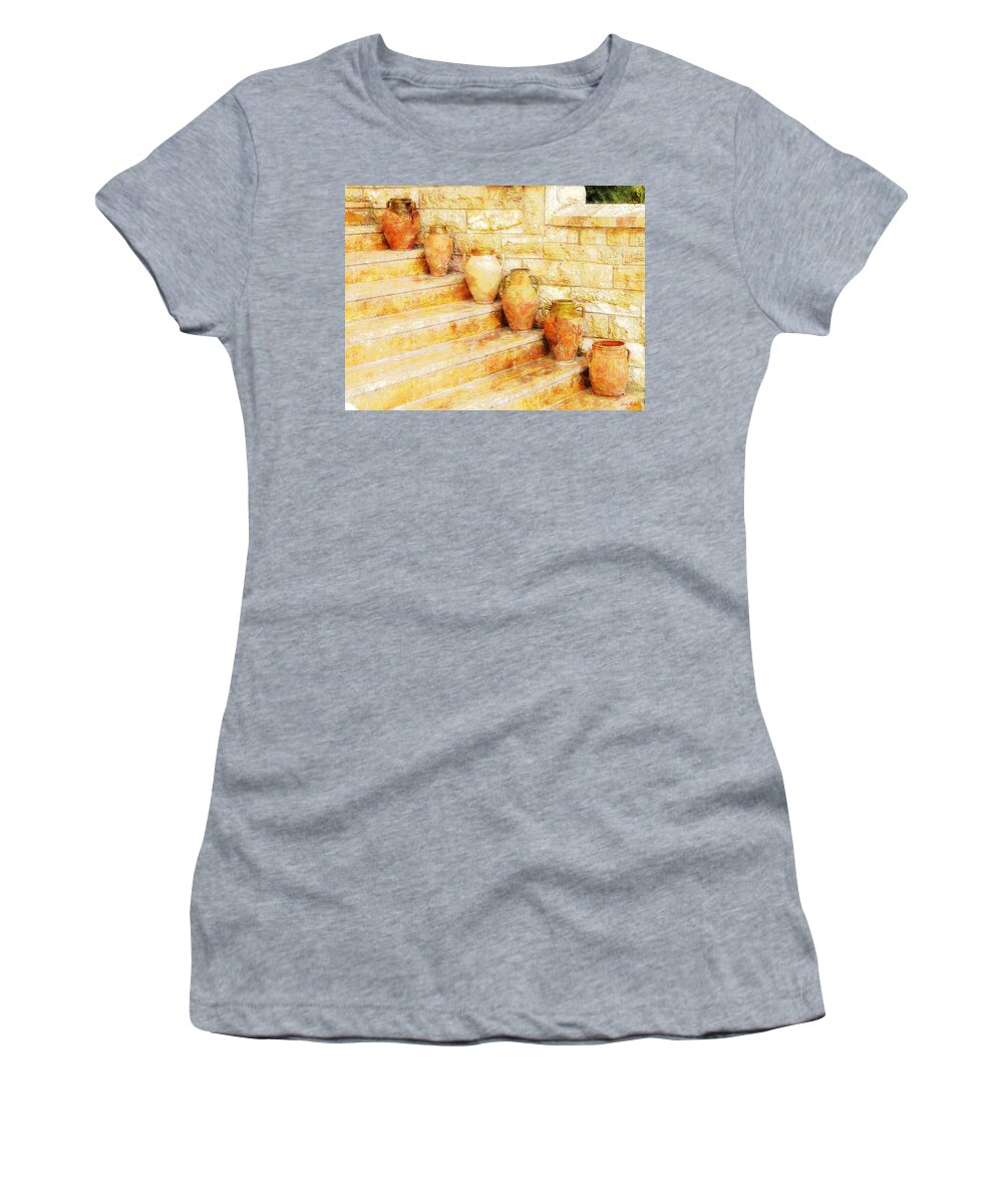 Amphora Women's T-Shirt featuring the painting Amphorae on steps by Sandy MacGowan
