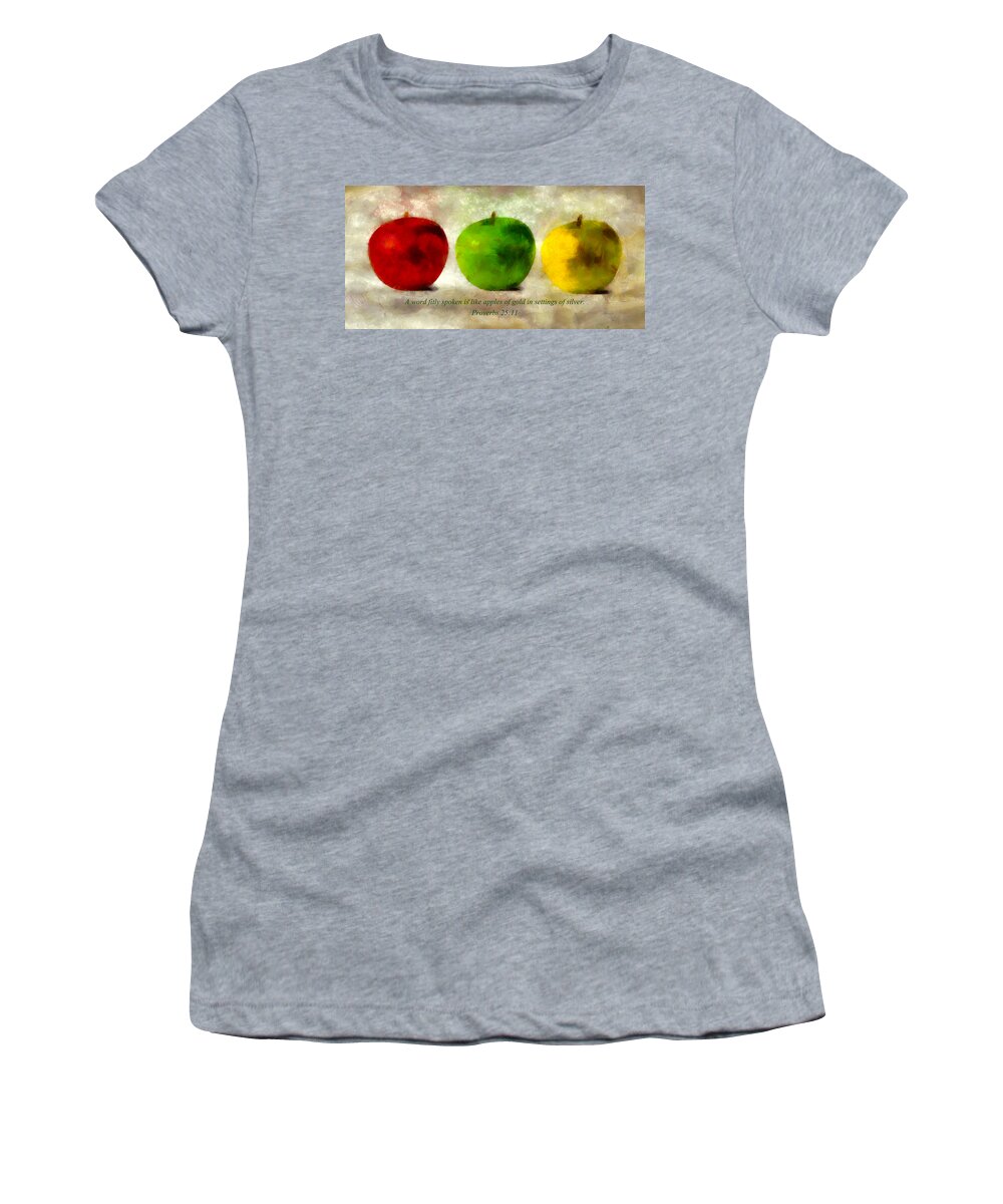 Apple Women's T-Shirt featuring the mixed media An Apple A Day With Proverbs by Angelina Tamez