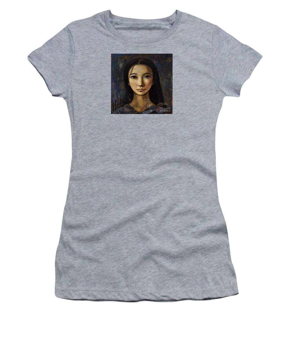 Portraits Oil Painting Women's T-Shirt featuring the painting An Enigmatic Face by Shijun Munns