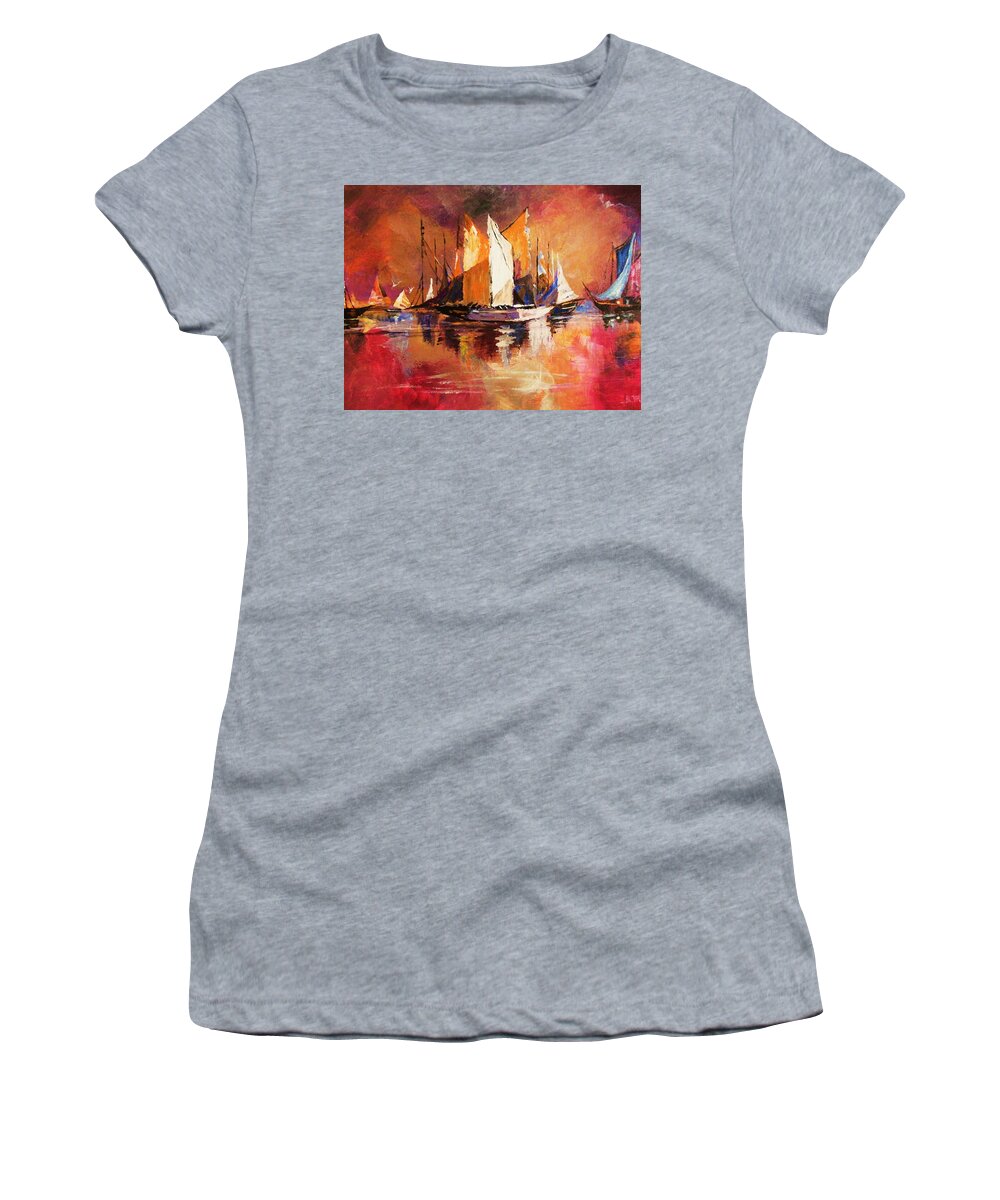 Boats Women's T-Shirt featuring the painting Anchored at Sunset by Al Brown