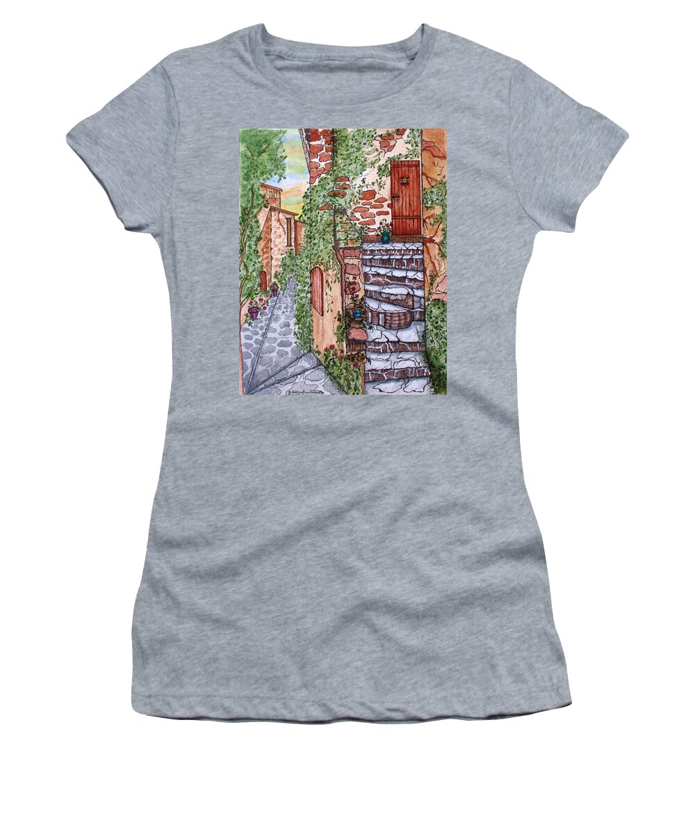 Art Women's T-Shirt featuring the painting Ancient Crumbling Stone Steps by Ashley Goforth