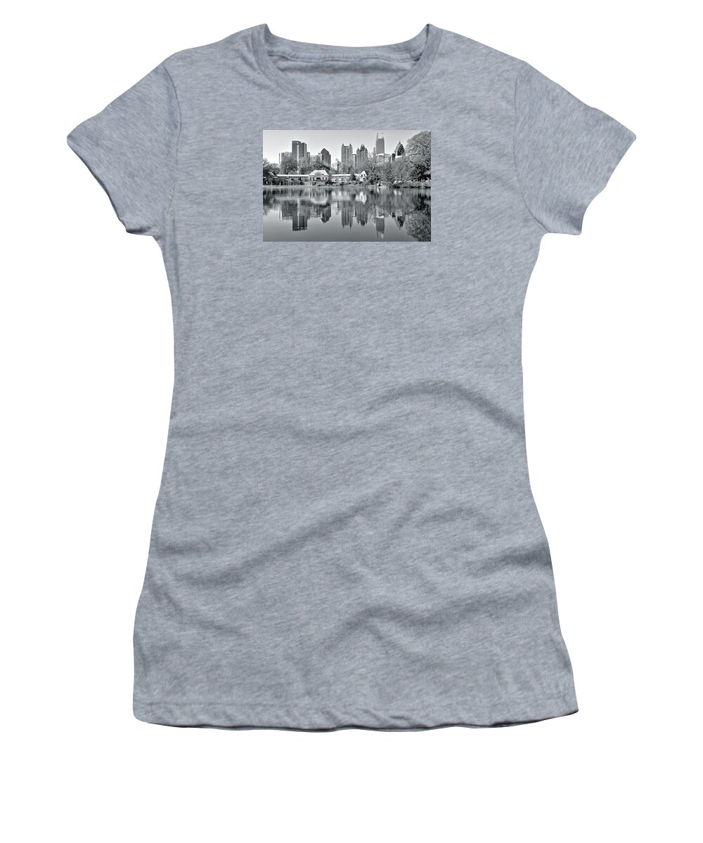Atlanta Women's T-Shirt featuring the photograph Atlanta Reflecting in Black and White by Frozen in Time Fine Art Photography