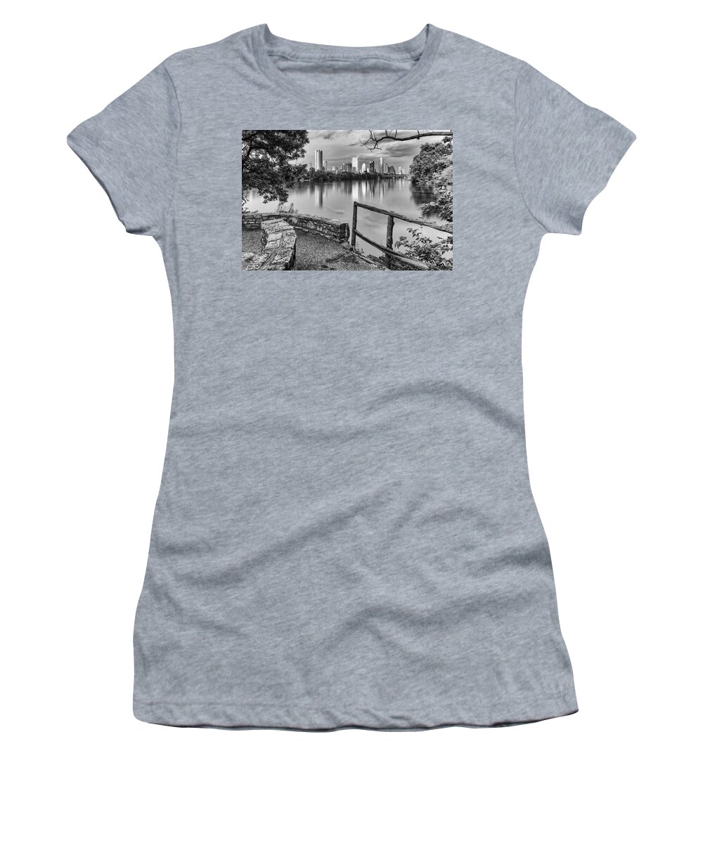 Downtown Women's T-Shirt featuring the photograph Austin Texas Skyline Lou Neff Point in Black and White by Silvio Ligutti