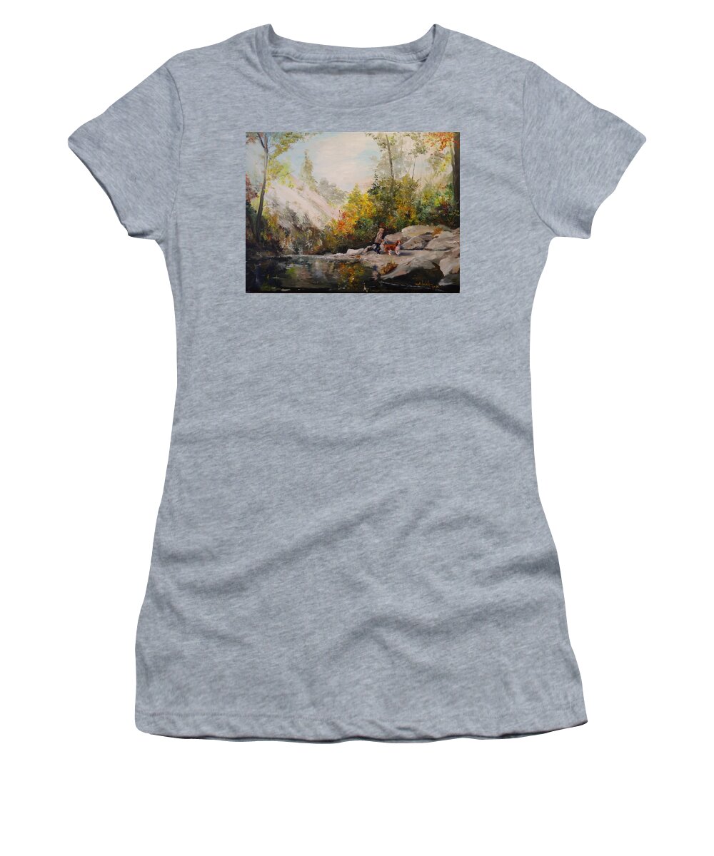 Landscape Women's T-Shirt featuring the painting Autumn Walk by Alan Lakin