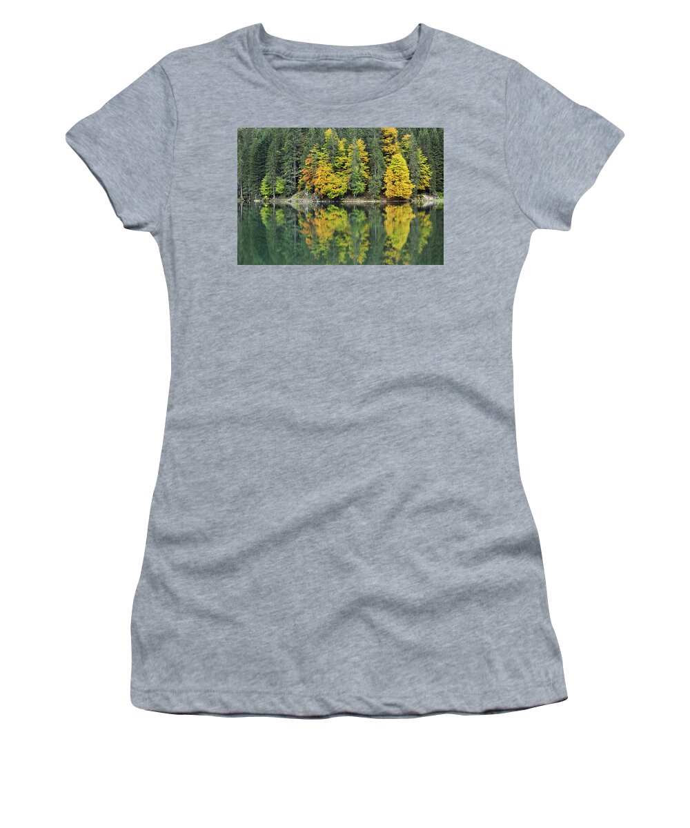 Nis Women's T-Shirt featuring the photograph Autumn forest Reflected In Lake Haute by Andre Gilden