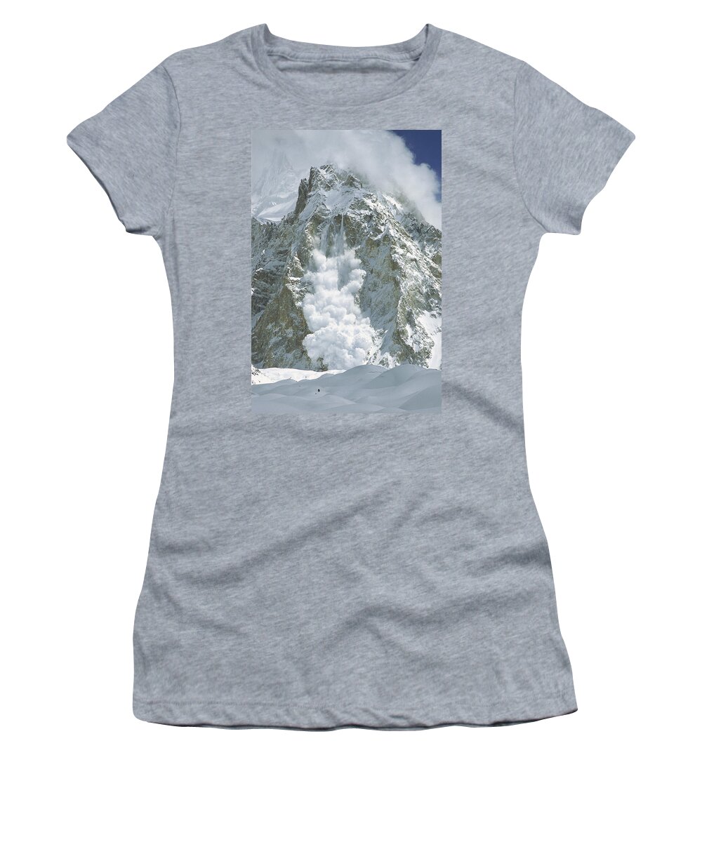 Feb0514 Women's T-Shirt featuring the photograph Avalanche Gasherbrum Baltoro Glacier by Colin Monteath