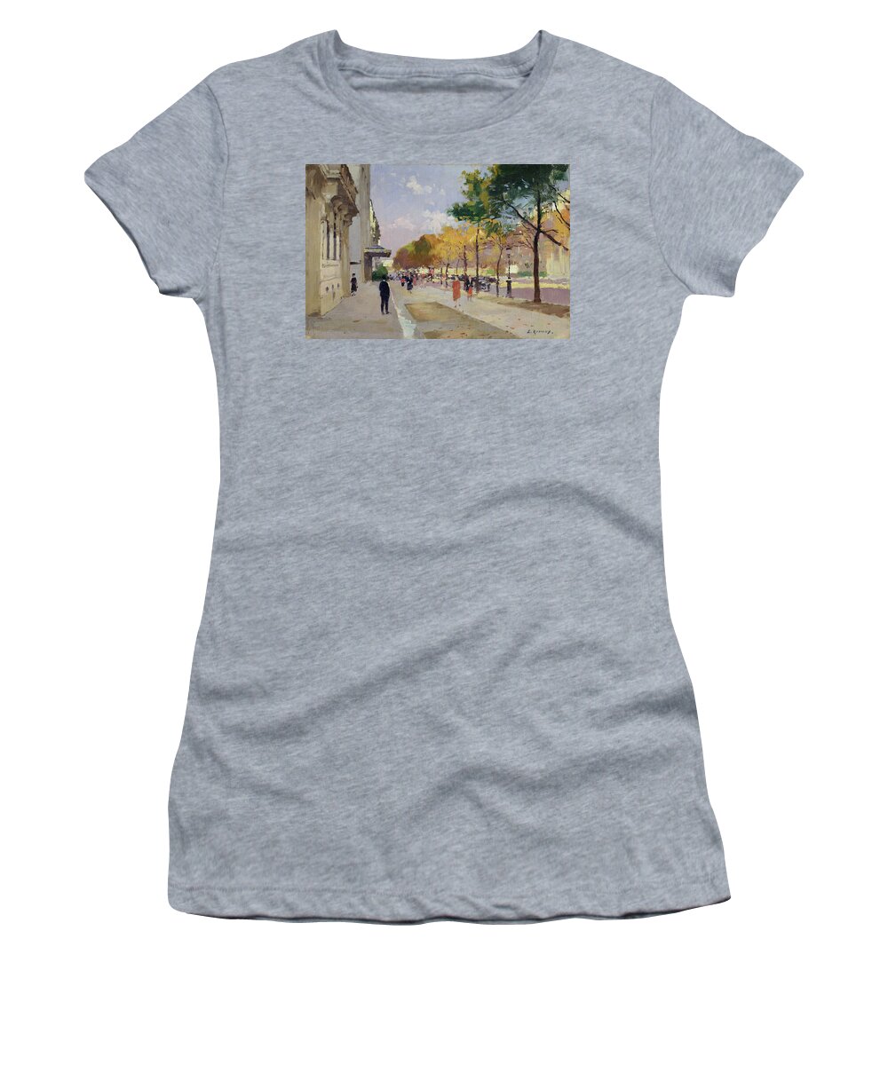Street Scene Women's T-Shirt featuring the painting Avenue Montaigne, Paris by Jules Ernest Renoux