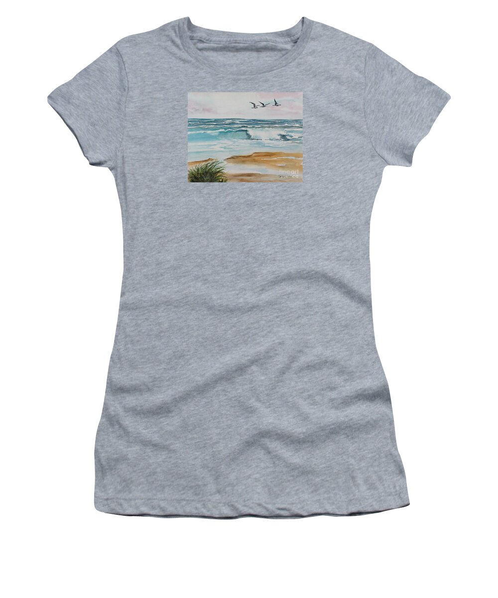 Watercolor Women's T-Shirt featuring the painting Beach and Waves by Wendy Ray