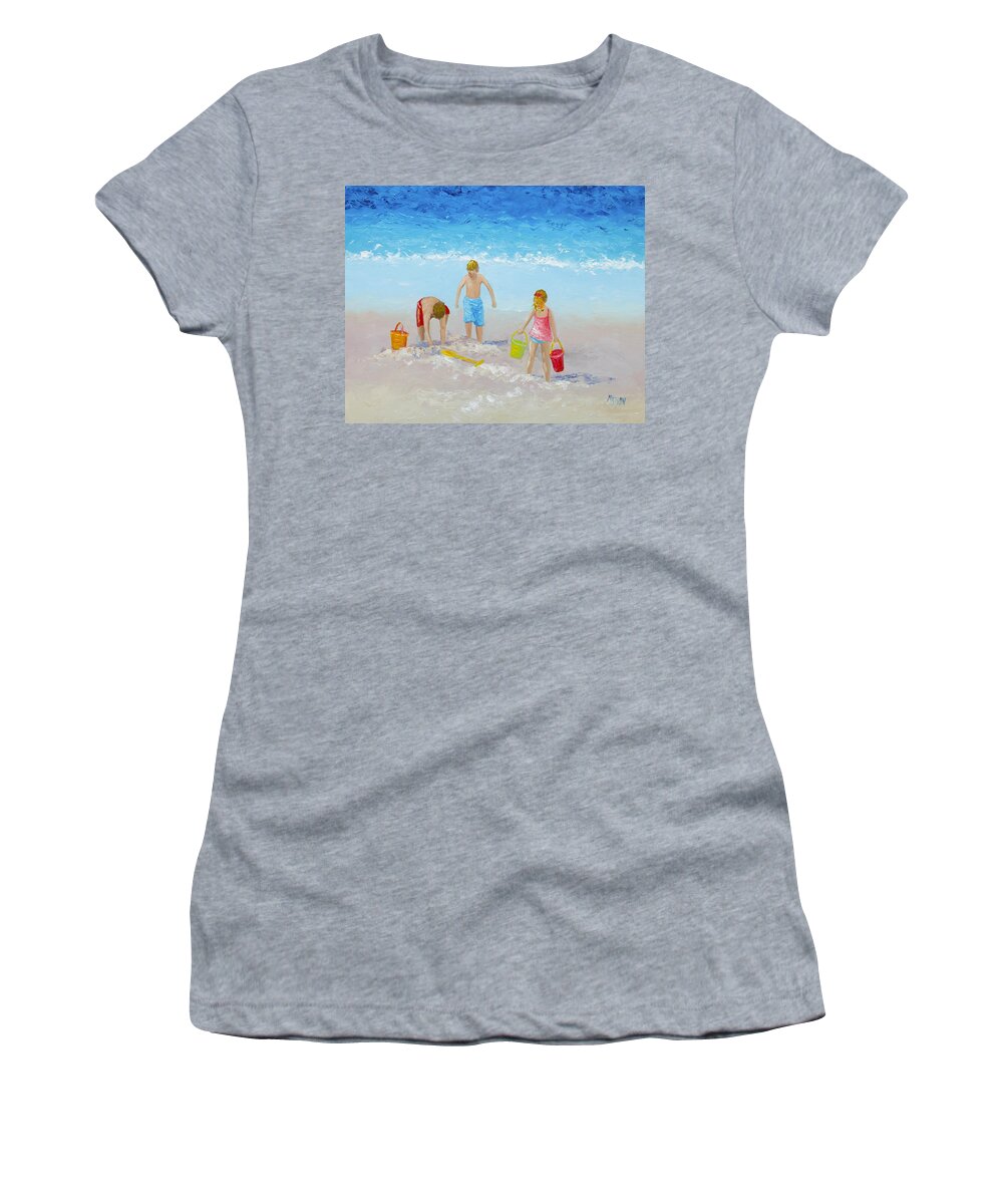 Beach Women's T-Shirt featuring the painting Beach painting - Sandcastles by Jan Matson