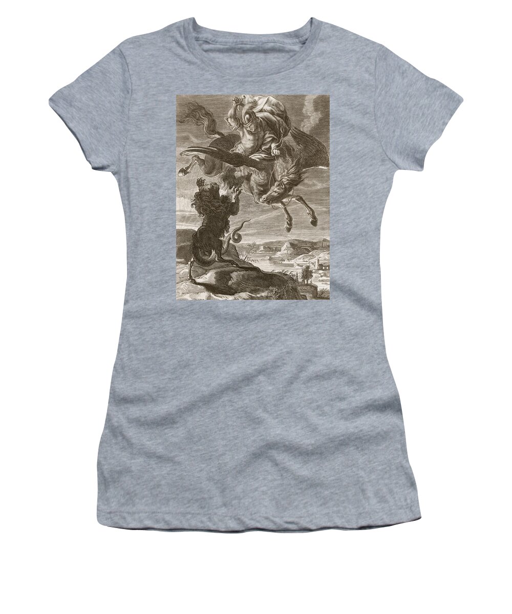 Lion Women's T-Shirt featuring the drawing Bellerophon Fights The Chimaera, 1731 by Bernard Picart