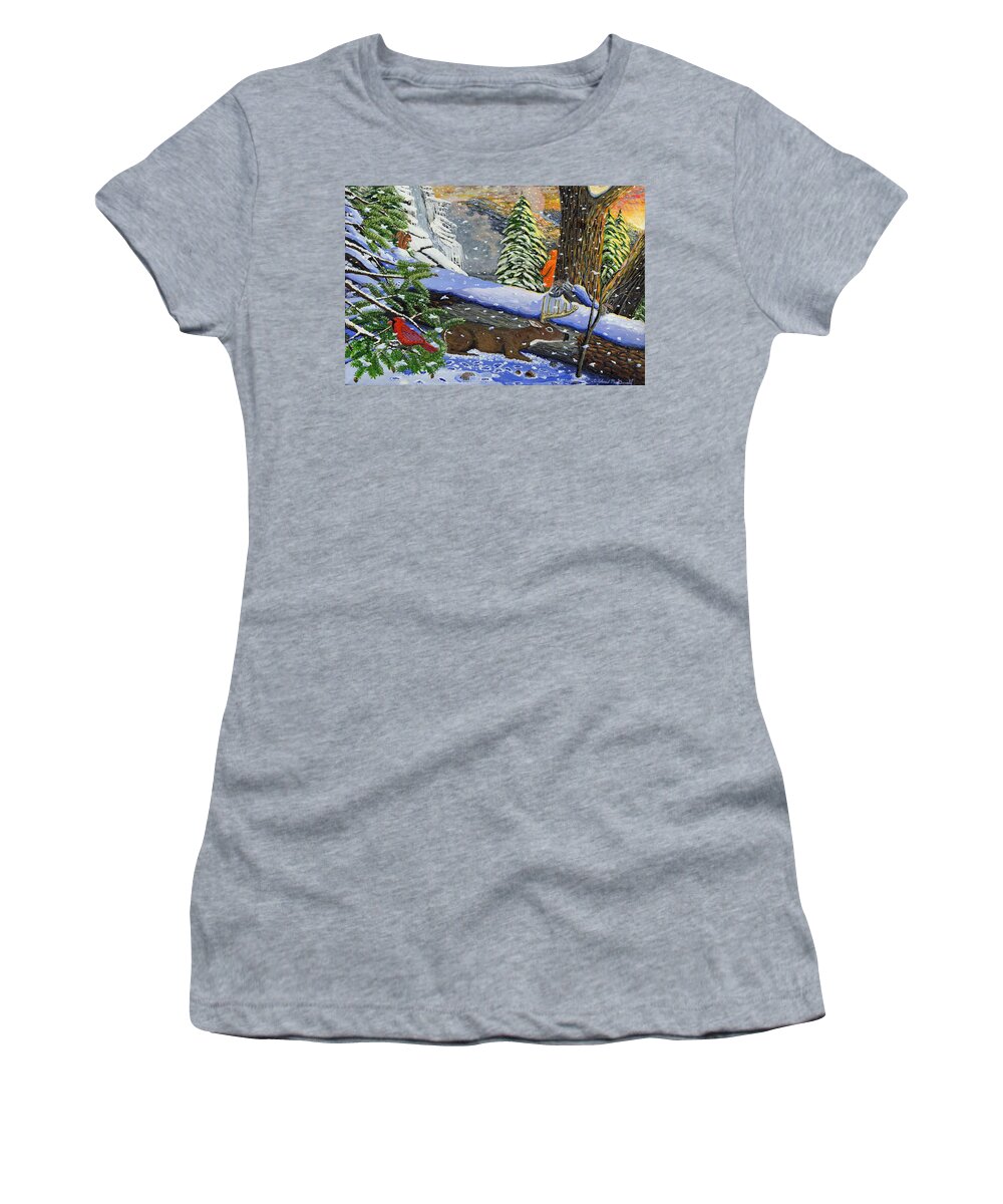 Landscape Deer Hunting Red Bird Hemlock Trees And Old Chestnut Trees Women's T-Shirt featuring the painting Big timber buck by Carey MacDonald