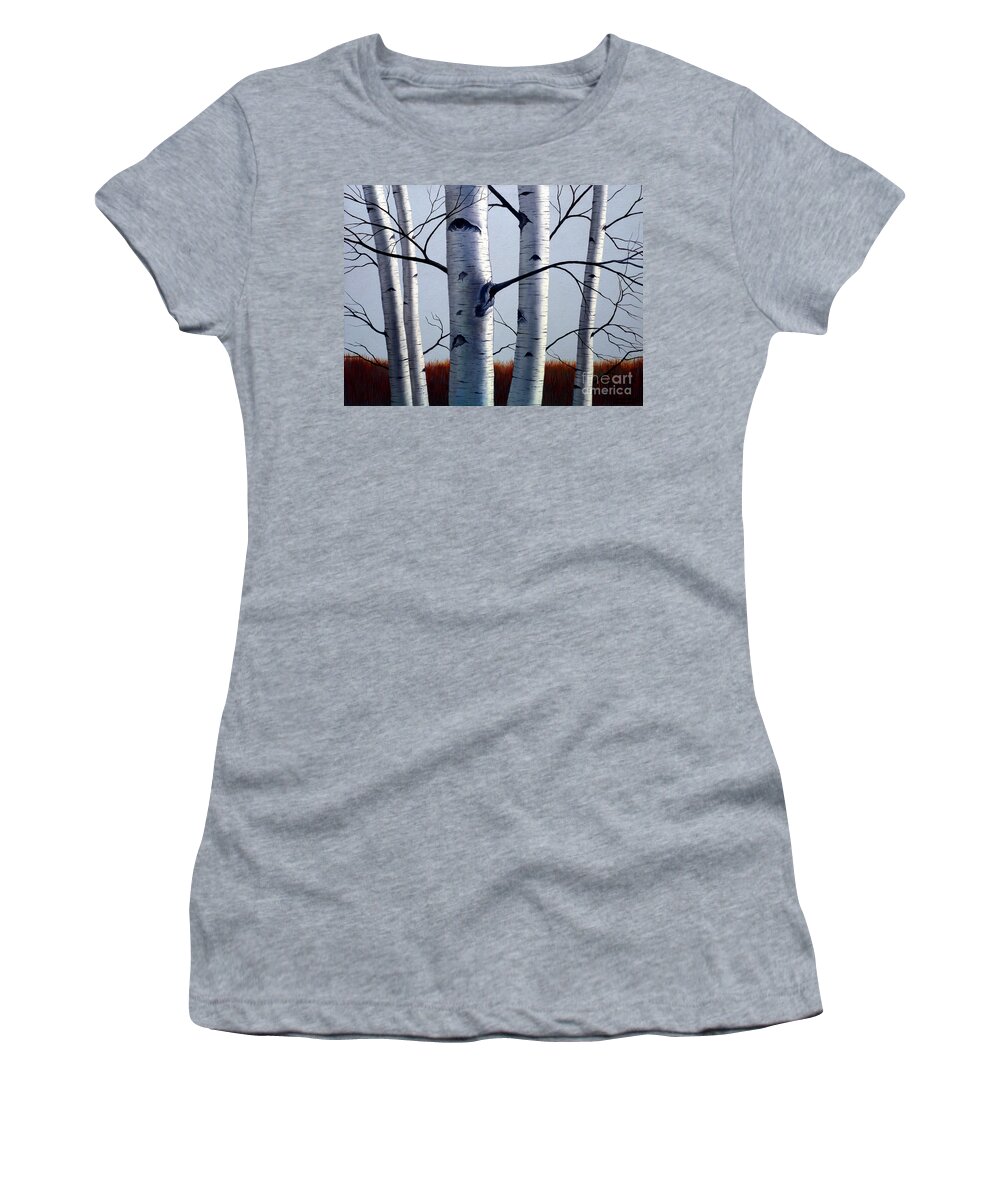 Birch Women's T-Shirt featuring the painting Birch Trees Upon the Horizon by Christopher Shellhammer