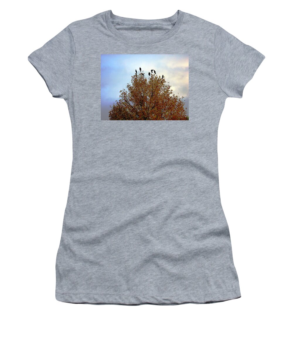 Blackbird Women's T-Shirt featuring the photograph Black Birds in the Tree Tops by Vickie Roy-Sneddon