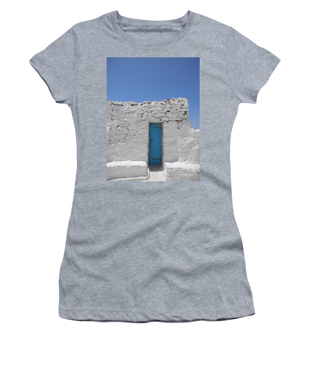 Blue Women's T-Shirt featuring the photograph Blue and White in Mykonos by Pema Hou