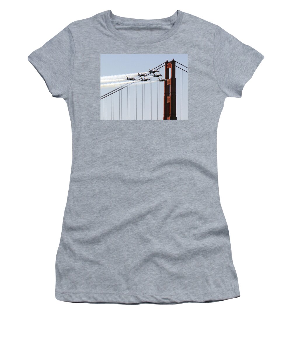 Blue Angels Women's T-Shirt featuring the photograph Blue Angels and the Bridge by Bill Gallagher