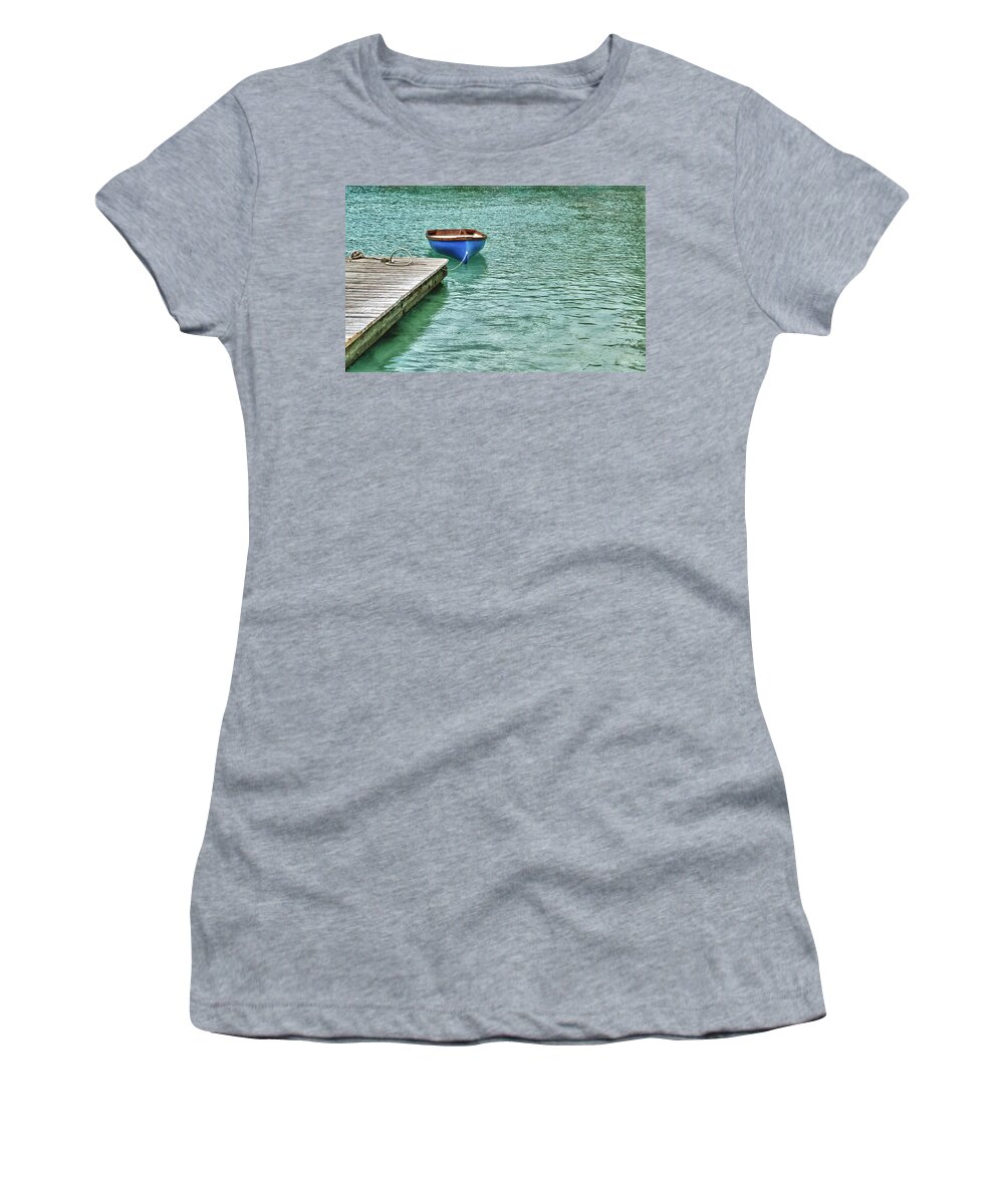 Blue Women's T-Shirt featuring the digital art Blue Boat Off Dock by Michael Thomas