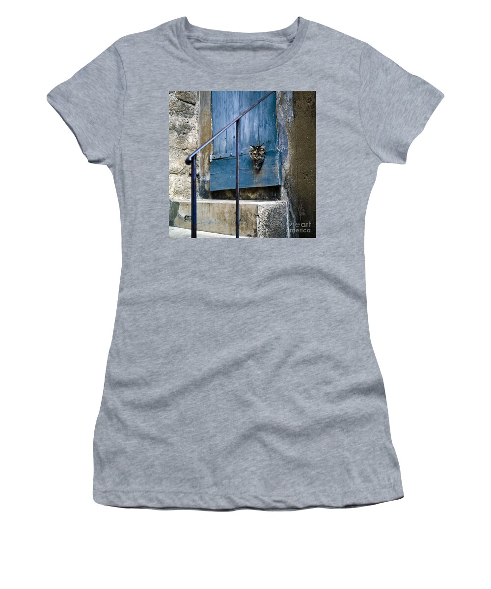 Cat Women's T-Shirt featuring the photograph Blue Door with Pet Outlook by Heiko Koehrer-Wagner