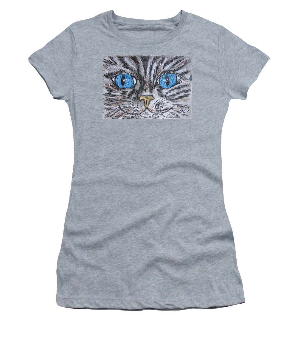 Blue Eyes Women's T-Shirt featuring the painting Blue Eyed Stripped Cat by Kathy Marrs Chandler