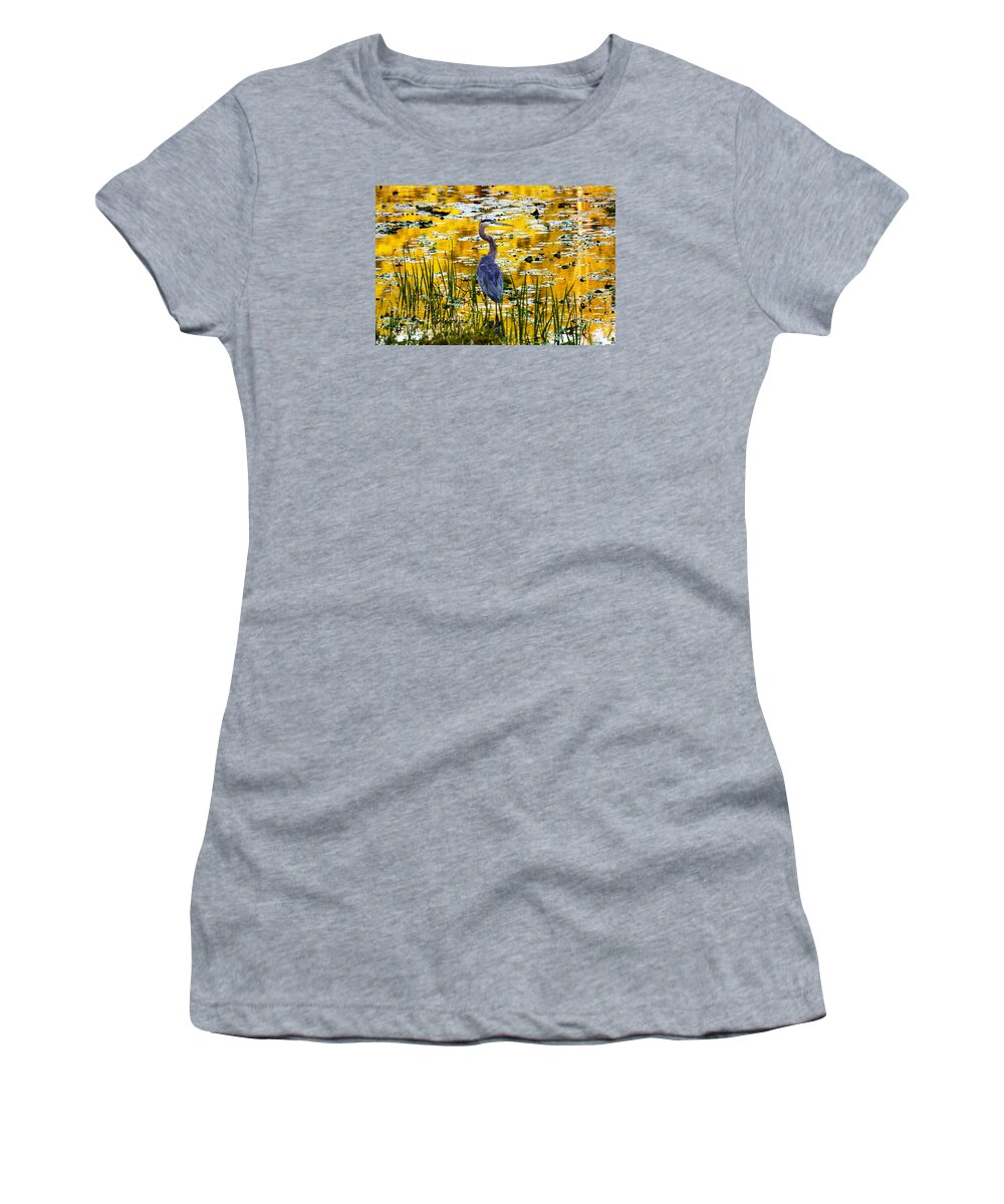 Blue Heron Women's T-Shirt featuring the photograph Blue Heron In A Golden Pond by Marina Kojukhova