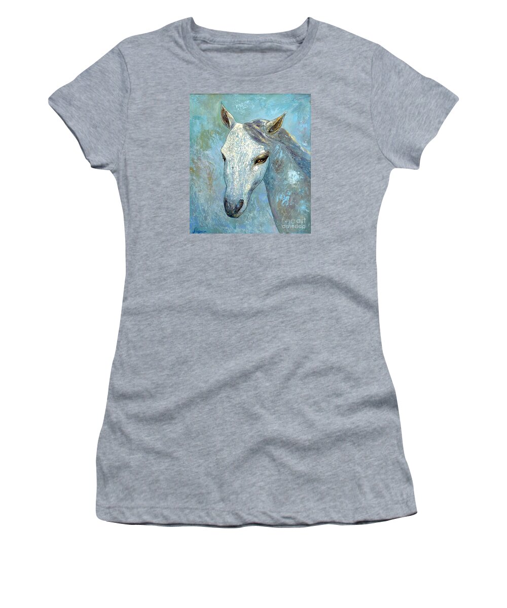 Oil Women's T-Shirt featuring the painting Blue Horse by Shijun Munns