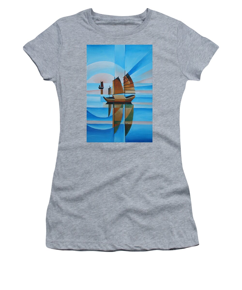 Sailboat Women's T-Shirt featuring the painting Blue Skies and Cerulean Seas by Taiche Acrylic Art