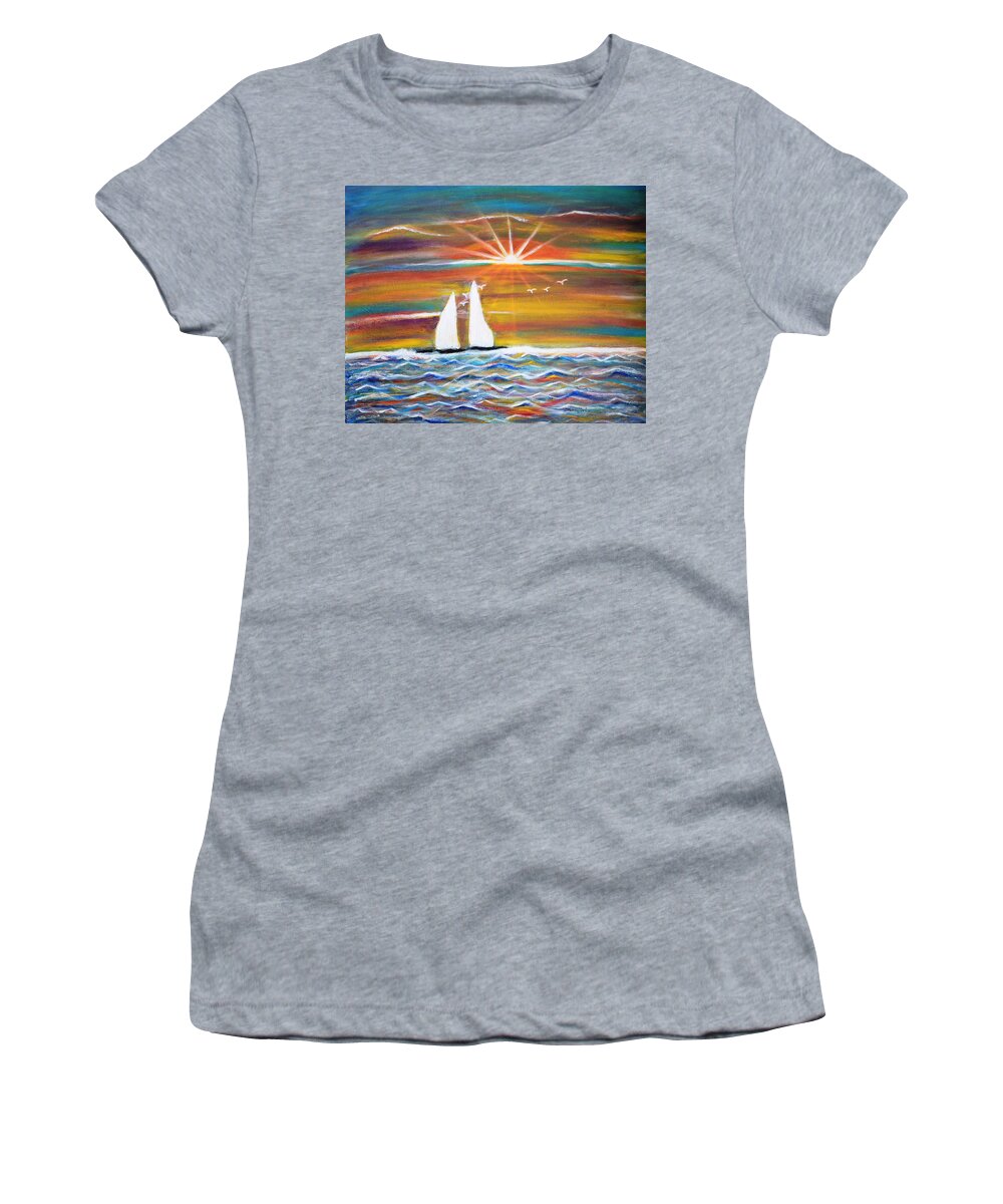 Sunset Women's T-Shirt featuring the painting Boats at sunset by Manjiri Kanvinde