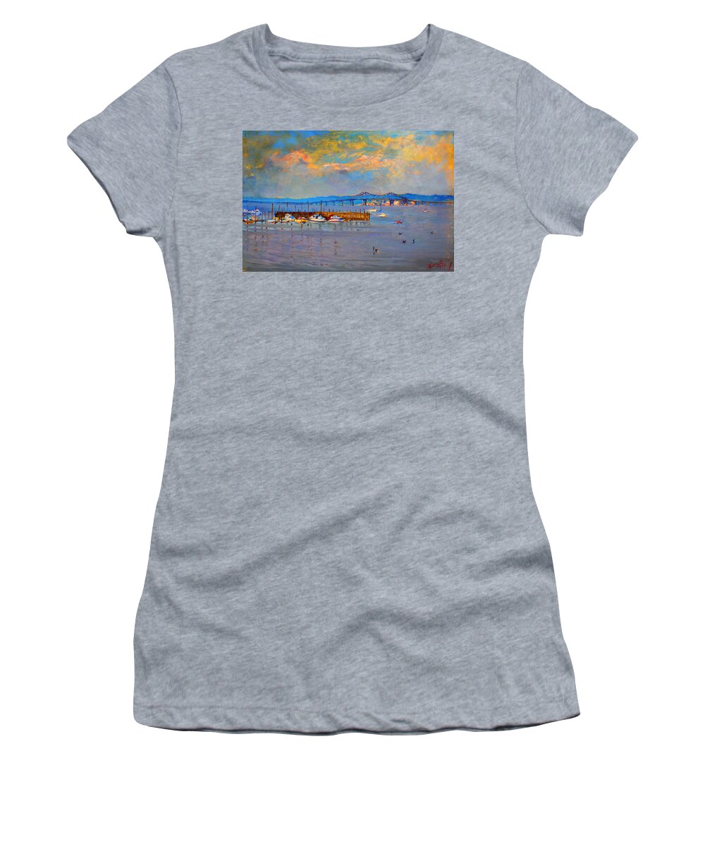 Piermont Ny Women's T-Shirt featuring the painting Boats in Piermont harbor NY by Ylli Haruni