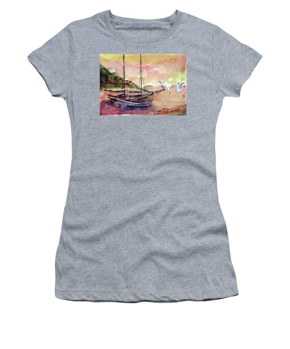 Boats Women's T-Shirt featuring the painting Boats in Sunset by Faruk Koksal