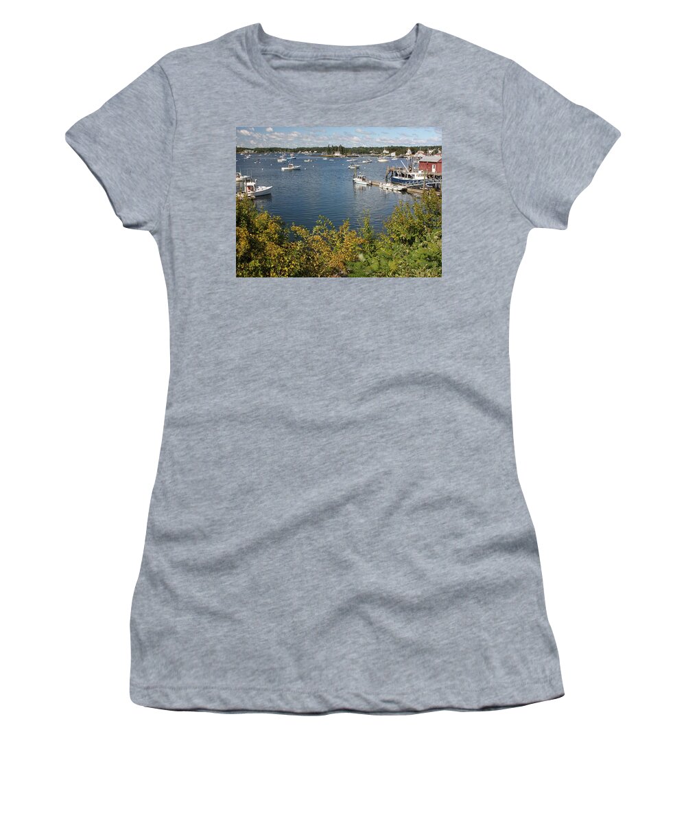 Boothbay Harbor Women's T-Shirt featuring the photograph Boothbay Harbor Vista by Carolyn Jacob