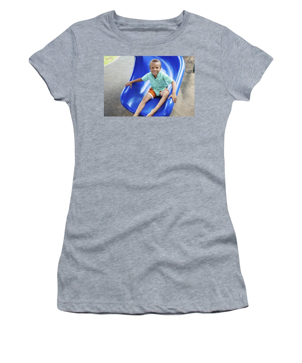 Blue Women's T-Shirt featuring the photograph Boy on Slide by Kicka Witte