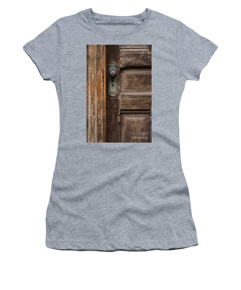 Latch Women's T-Shirt featuring the photograph Brass Door Knob by Margie Hurwich